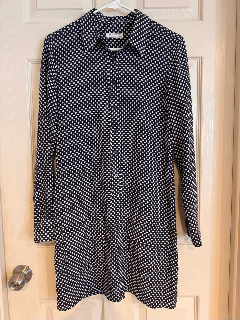 Equipment Navy and White Polka Dot Long-Sleeve Button Down Shirt. 100% silk.